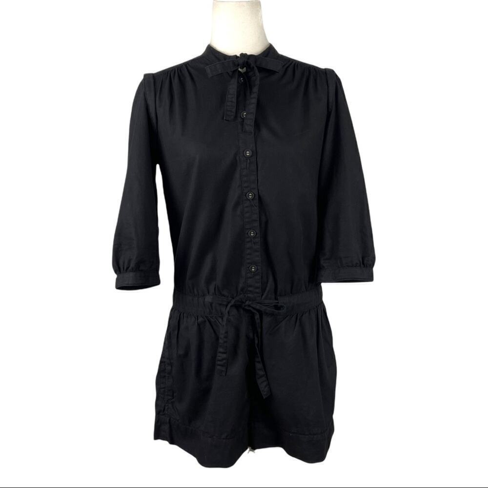French Connection Black Ruched Belted Button Down Romper 3/4 sleeve Sz 6 Cotton